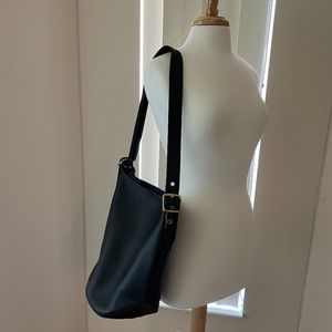 Black leather large bucket long strap bag